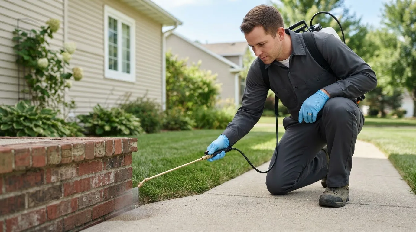 Pest control technician treating a home near Streetsboro, OH