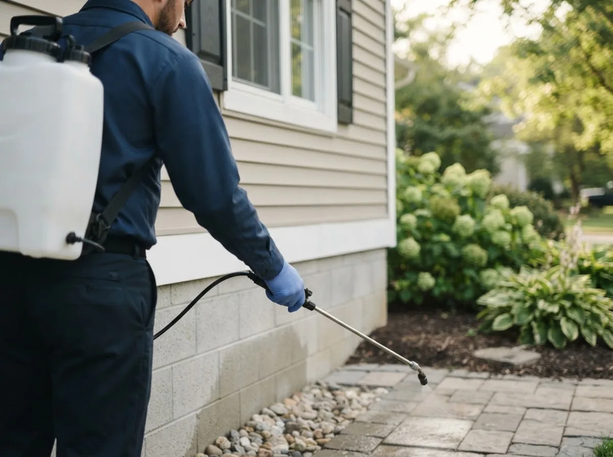 Pest control technician inspecting a home in Streetsboro, OH